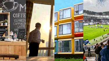 collage of aparmtent building, man in the office and coffee shop.